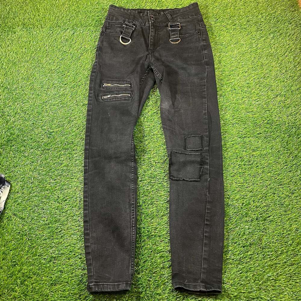 HT Denim Black Washed Distressed Skinny Jeans with D-Rings and Zippers
